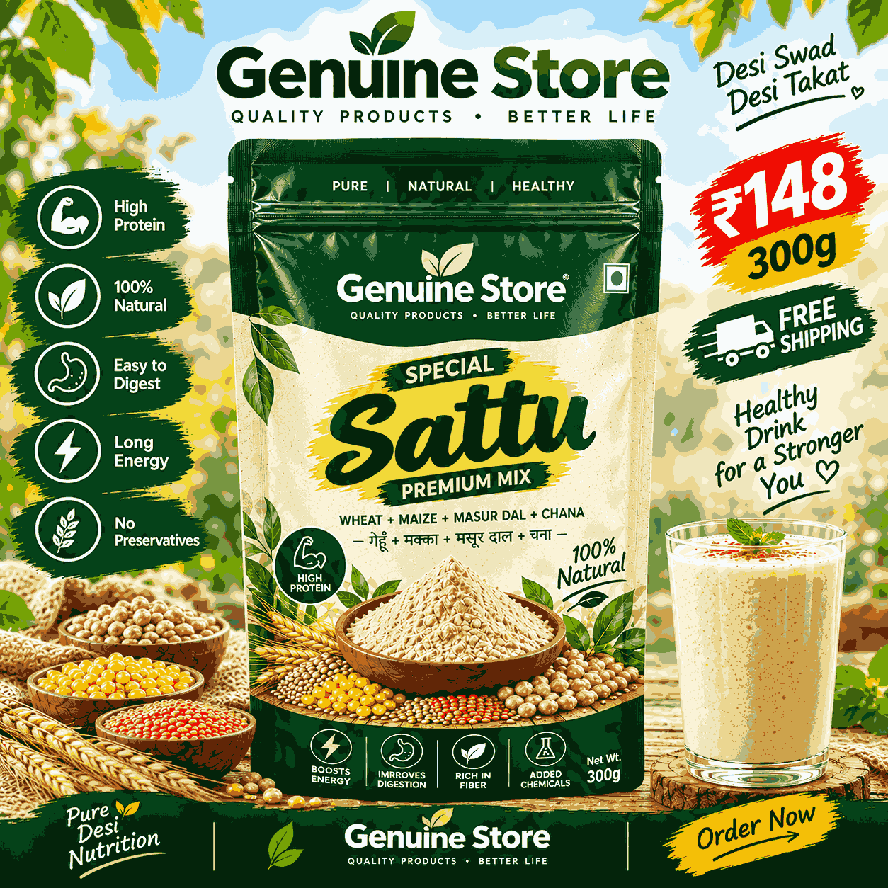 Genuine Store Special Mix Sattu – Wheat, Maize, Masoor Dal & Chickpea Blend | 300g