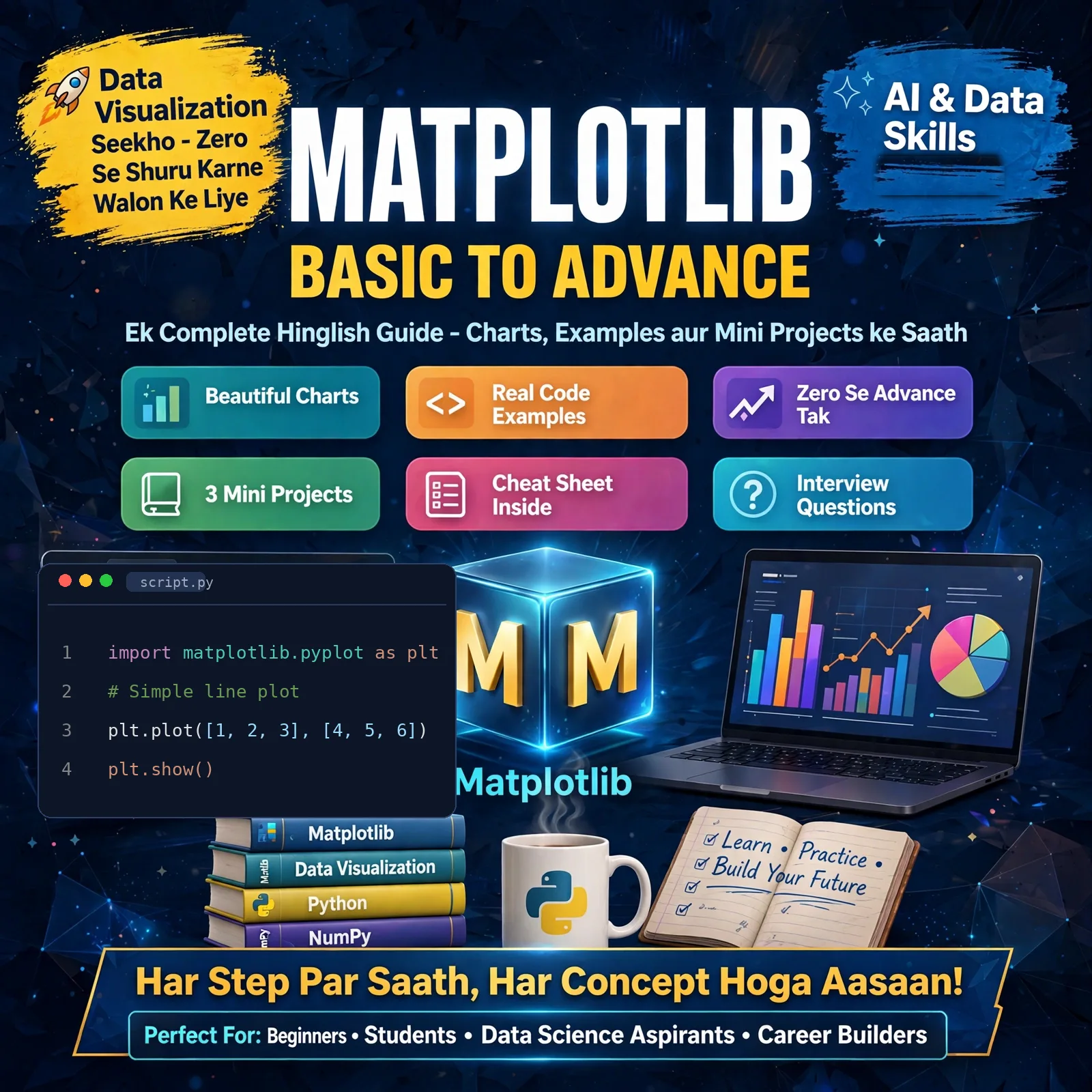 Matplotlib Basic to Advance – Complete E-Book: Learn Data Visualization with Python in Easy Hinglish (93 Pages, 20 Chapters)