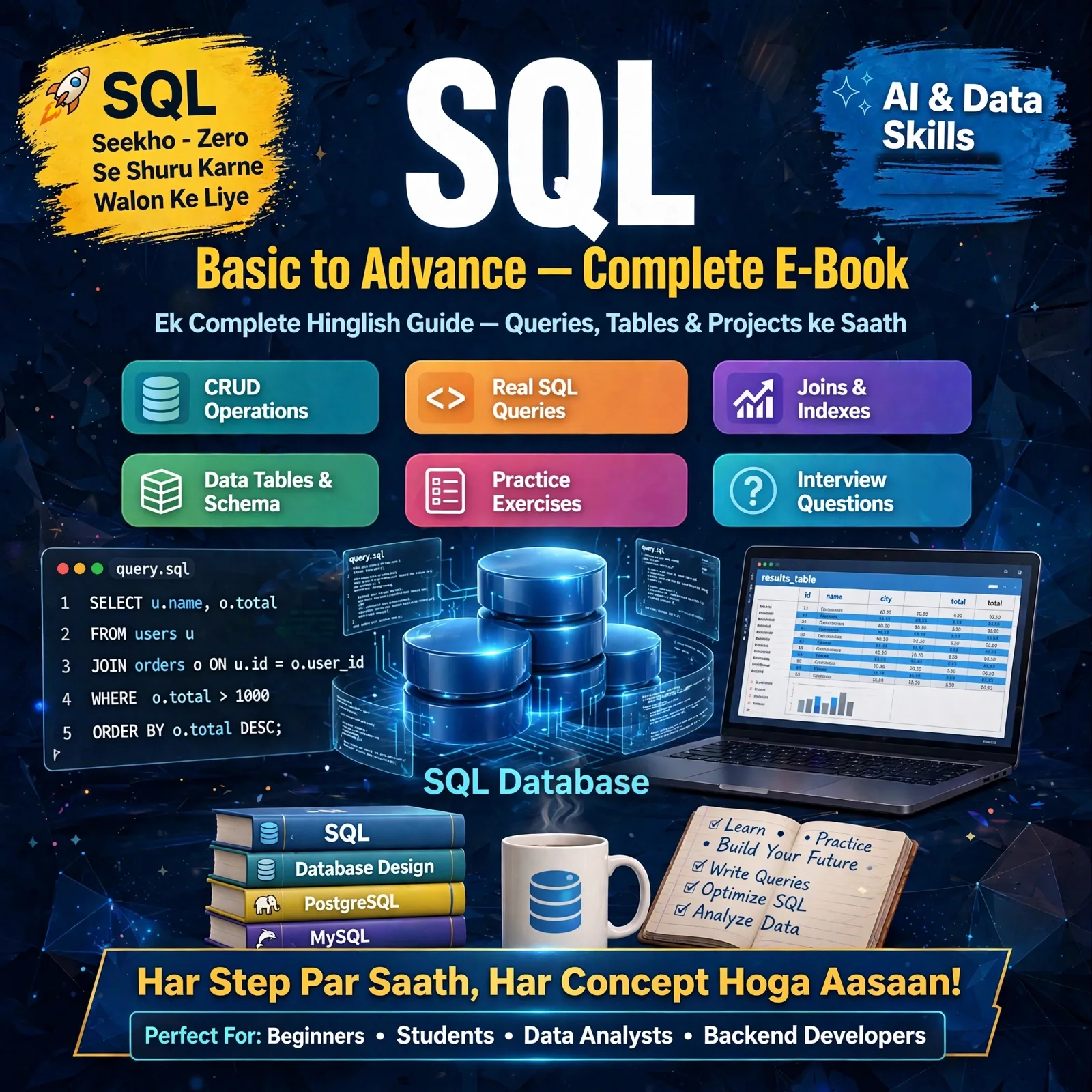 SQL Basic to Advance – Complete E-Book: Learn Databases & Queries in Easy Hinglish (45 Pages, 21 Chapters)