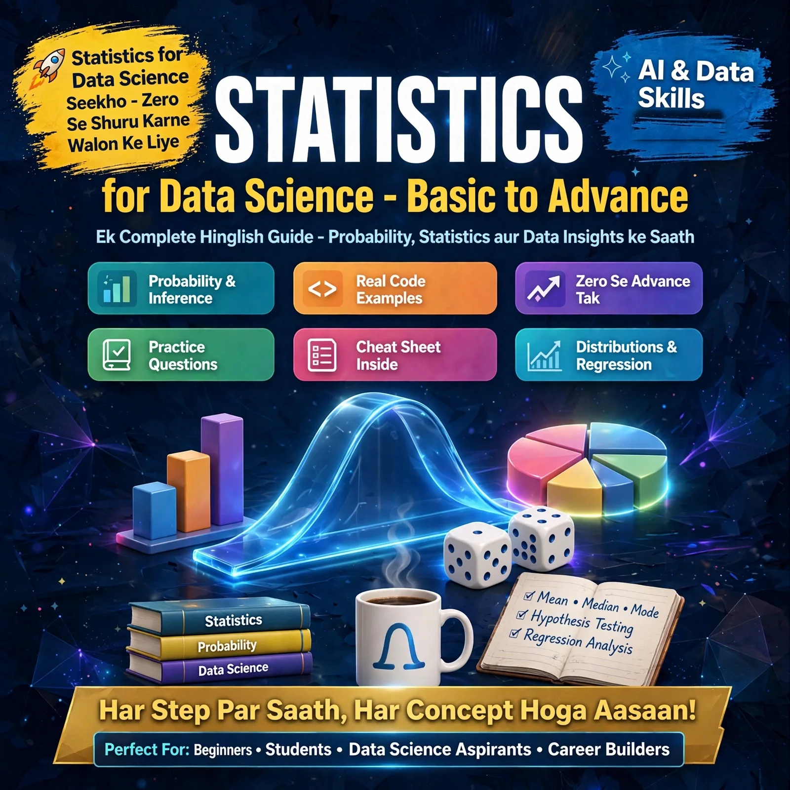 Statistics for Data Science Basic to Advance – Complete E-Book: Master Data Math & Probability in Easy Hinglish (45 Pages, 18 Chapters)