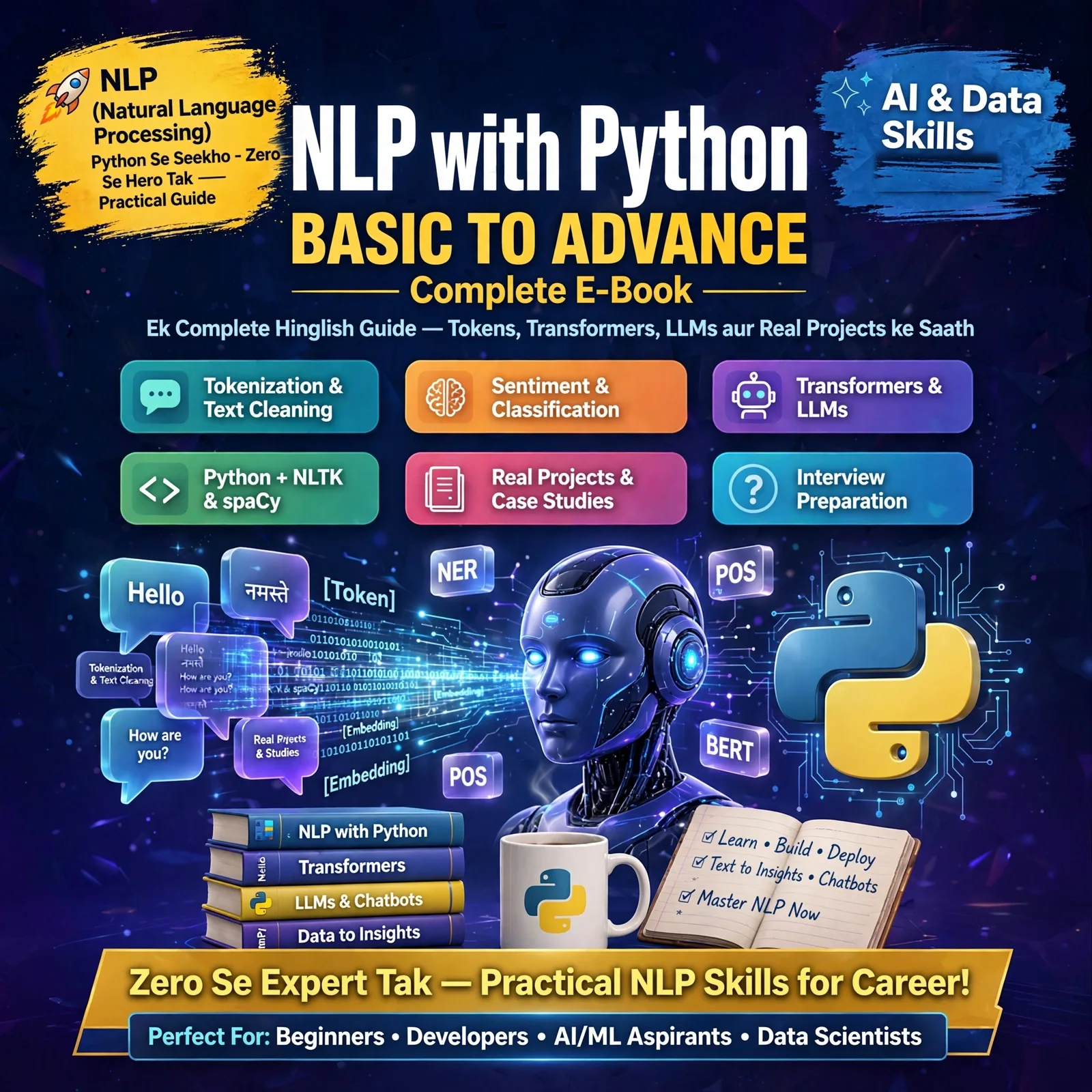NLP with Python Basic to Advance – Complete E-Book: Build Language AI with Python in Easy Hinglish (45 Pages, 18 Chapters)