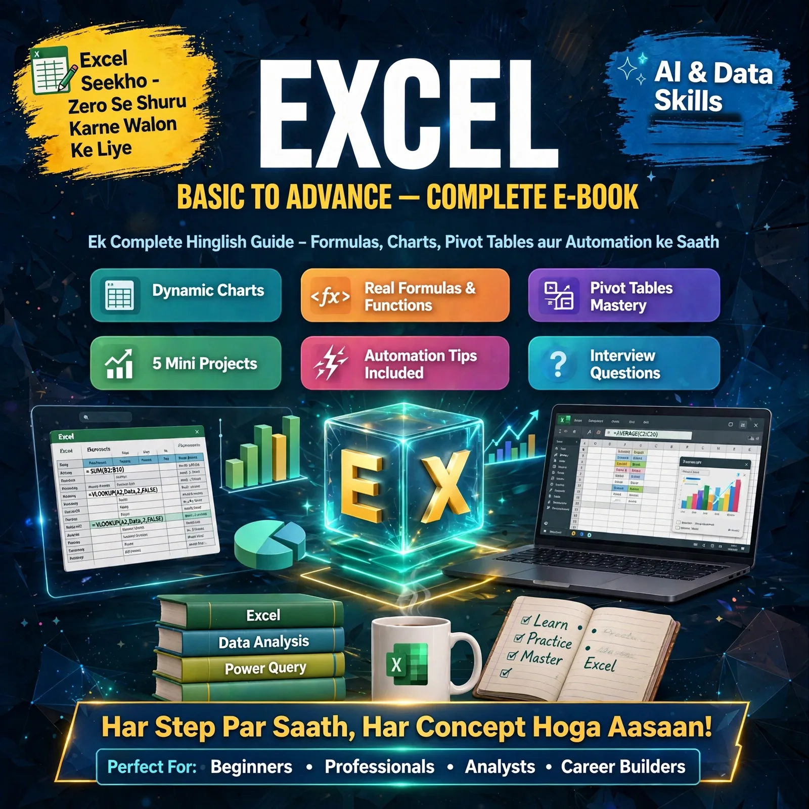 Excel Basic to Advance – Complete E-Book: Master Spreadsheets & Formulas in Easy Hinglish (45 Pages, 21 Chapters)