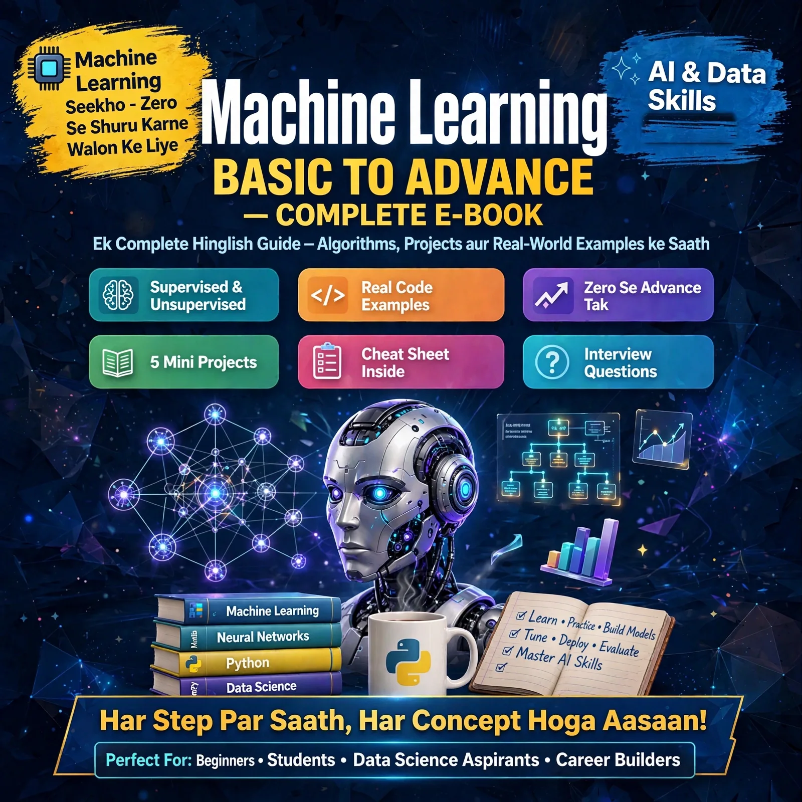 Machine Learning Basic to Advance – Complete E-Book: Build Smart ML Models in Easy Hinglish (45 Pages, 18 Chapters)