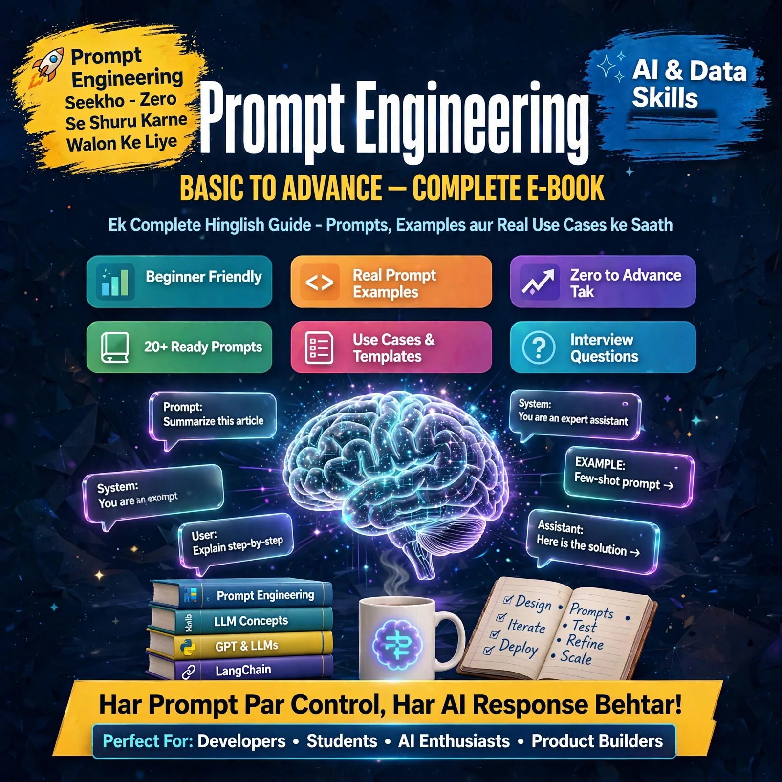 Prompt Engineering Basic to Advance – Complete E-Book: Master AI Prompts & LLMs in Easy Hinglish (45 Pages, 19 Chapters)