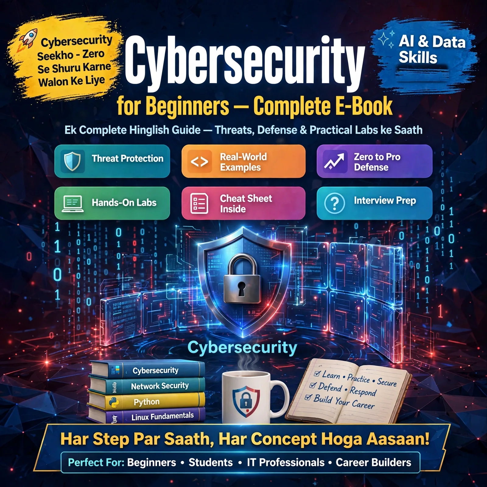 Cybersecurity for Beginners – Complete E-Book: Learn Security Fundamentals in Easy Hinglish (46 Pages, 20 Chapters)