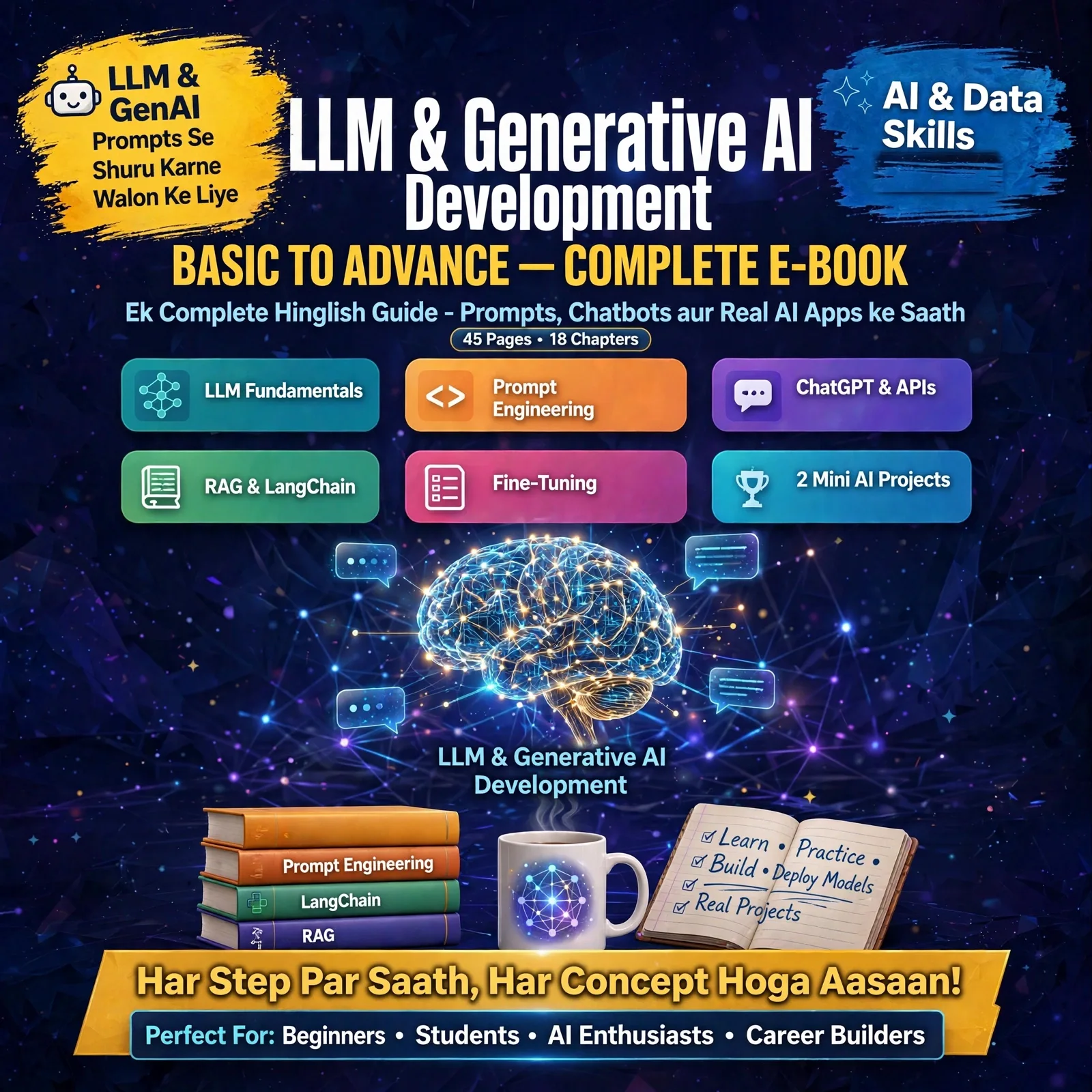 LLM & Generative AI Development Basic to Advance – Complete E-Book: Build Real AI Apps in Easy Hinglish (45 Pages, 18 Chapters)
