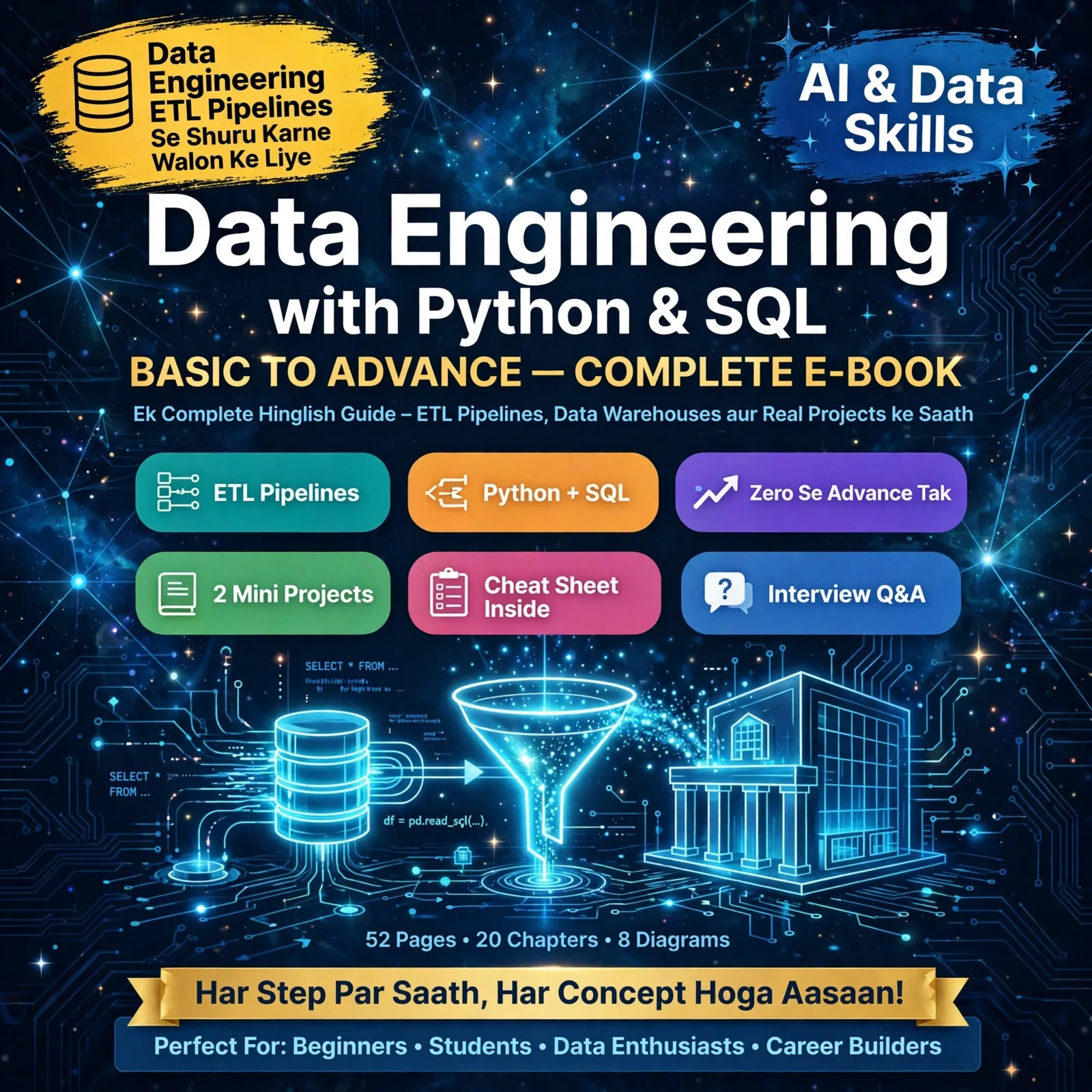 Data Engineering with Python & SQL Basic to Advance – Complete E-Book: Build ETL Pipelines & Data Warehouses in Easy Hinglish (52 Pages, 20 Chapters)