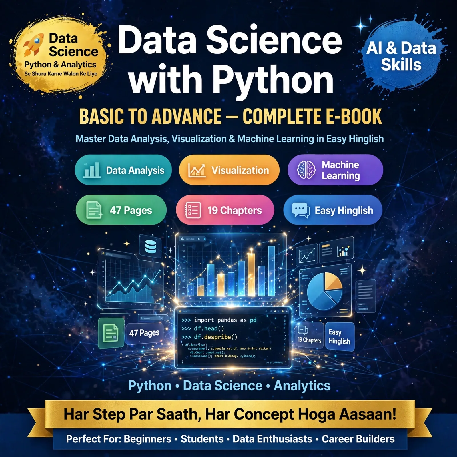 Data Science with Python – Complete E-Book: Master Data Analysis, Visualization & Machine Learning in Easy Hinglish (47 Pages, 19 Chapters)